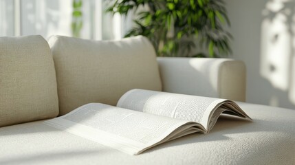 Mockup of customizable open newspaper on couch