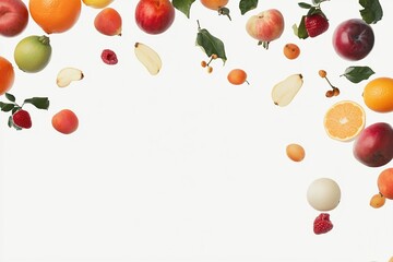 different fruits flying along the top edge of the image, healthy eating.