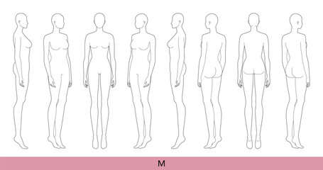 Set of M Size Women Fashion template 9 nine head Croquis Lady model skinny body figure front, side, 3-4, back view. Vector isolated outline sketch girl for Fashion Design, Illustration, technical