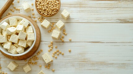 Fototapeta premium Fresh Soybean Curd on Wooden Surface with Soybeans and Utensils