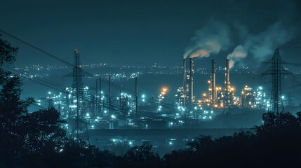 Fototapeta premium A city skyline at night with a large industrial plant in the background. The sky is dark and the lights from the plant are visible
