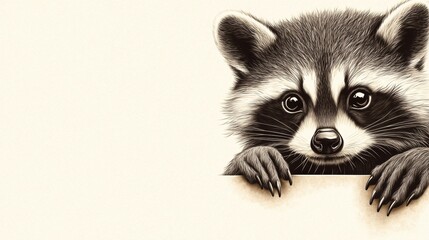 Naklejka premium Adorable raccoon peeking over a ledge with curious eyes and fluffy fur, AI