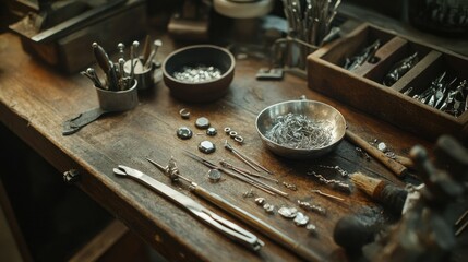 Obraz premium Jewelry Workshop with Tools and Materials on a Rustic Wooden Table