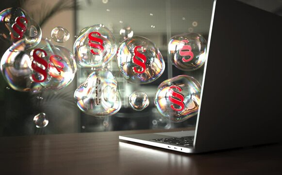 4k Video 3D Animation. Floating iridescent bubbles with legal symbols near a laptop in a contemporary workspace. Infinity Loop. ProRes 4444.