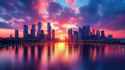 Fototapeta premium A vibrant sunset over a city skyline reflected in water, creating a serene urban landscape.