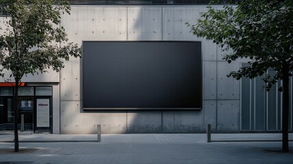 Fototapeta premium Modern empty black poster on concrete building exterior background. Commercial and sign concept.