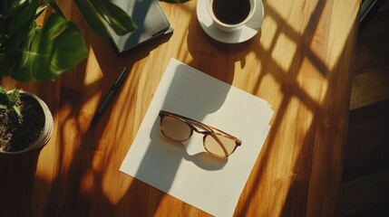 Sunny desk with coffee, glasses, and plant.