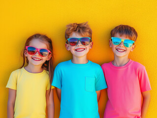 Three smiling kids stand against a bright yellow wall, wearing colorful sunglasses and matching t-shirts. The scene is vibrant, joyful, and full of summer vibes. essence of friendship