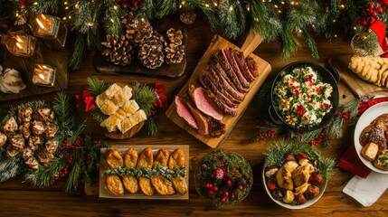 Festive Holiday Feast Arrangement with Delicious Food and Decorations