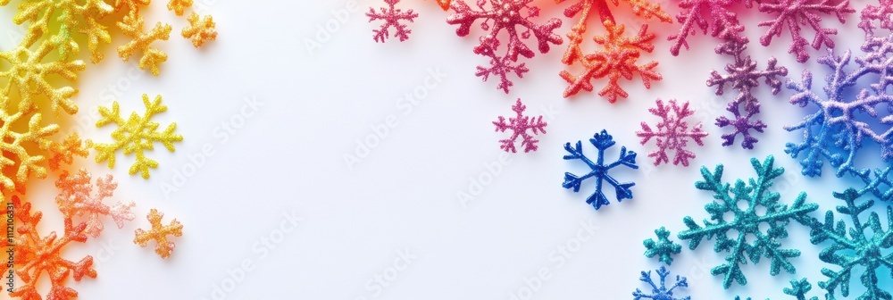 Aufkleber Intricate rainbow-colored snowflakes are beautifully arranged against a blank canvas, offering a cheerful and inviting space for personalized text. Generative AI