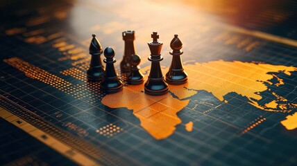 A close-up of black chess pieces positioned on a map of Africa, symbolizing strategy, competition and global connections in the game of chess.