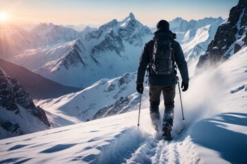 Solo adventurer trekking through breathtaking snowy mountain landscape at sunrise