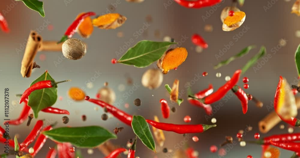 Poster Super Slow Motion of Flying and Rotating Spices Mix. Filmed on High Speed Cinema Camera, 1000 fps. Speed Ramp Effect.