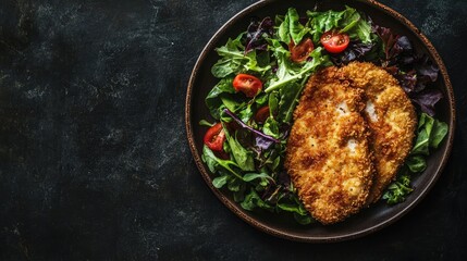 Fototapeta premium Crispy Fried Chicken Breast on Fresh Green Salad with Cherry Tomatoes