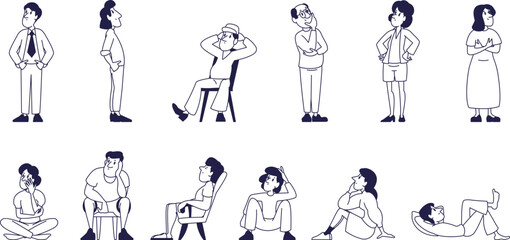 A set of dreaming people in different positions. Men and women think, imagine, plan.