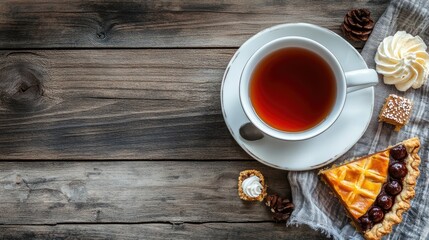 Obraz premium Cozy Afternoon Tea with Pastries and Treats on Rustic Wood Table