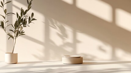 Fototapeta premium A minimalist room with a large window, two white vases with dried plants, a white lotion bottle, a cream jar, and a white coaster, with soft sunlight streaming in.