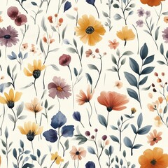Watercolor floral seamless pattern in vintage rustic style, colored garden illustration on ivory background, hand painting print with abstract flowers, leaves and plants, design texture.
