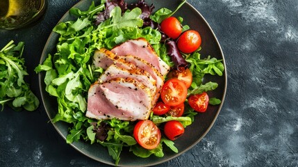 Fresh Salad with Grilled Chicken and Cherry Tomatoes on Plate