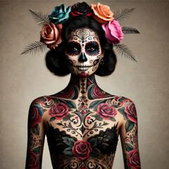 La Catrina Calavera with tattoos covering her body, detailed face makeup, and multicolored flowers in her hair, symbolizing the Mexican Día de los Muertos tradition