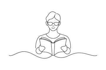 A boy reading a book Continuous line art flat vector illustration