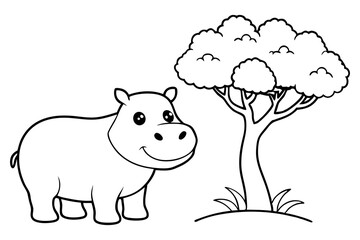 cute Hippopotamus, some grass and a tree, coloring book
