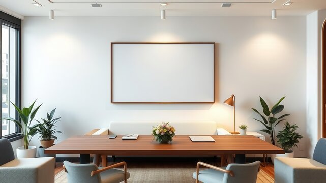 A mockup of a modern office wall art with a stylish workspace setup for a professional look, interior design, minimalistic