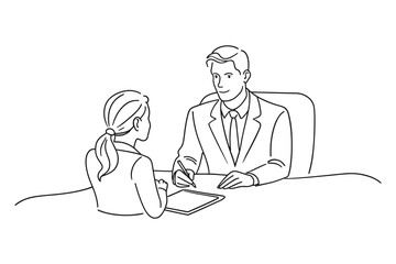 Confident businessman advising couple on finance Continuous line art flat vector illustration.