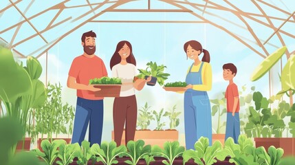 Obraz premium Happy family, generations working together organic farm in greenhouse to grow fresh healthy food