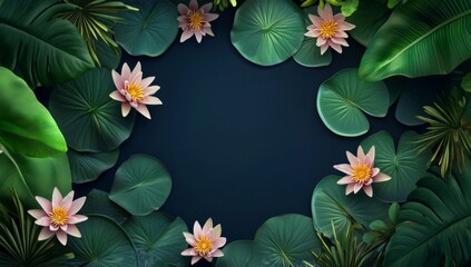 Overhead View of Water Lilies and Tropical Flowers Surrounded by Lush Green Leaves. Circular Frame with Dark Blue Background, Digital Art Vector Graphics