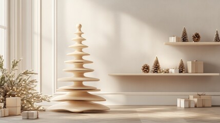 wooden decorative christmas tree in a cozy minimalist interior setting
