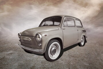 Obraz premium old car stands on sepia clouds background