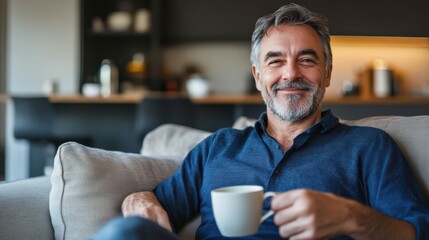 Happy middle aged man holding coffee cup relaxing on couch at home. Smiling mature older man drinking tea looking at camera sitting on cozy sofa chilling in modern kitchen living room. Portrait.