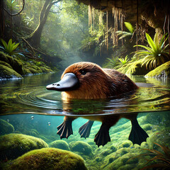 Platypus swimming in a river, surrounded by greenery, with its paws under the water