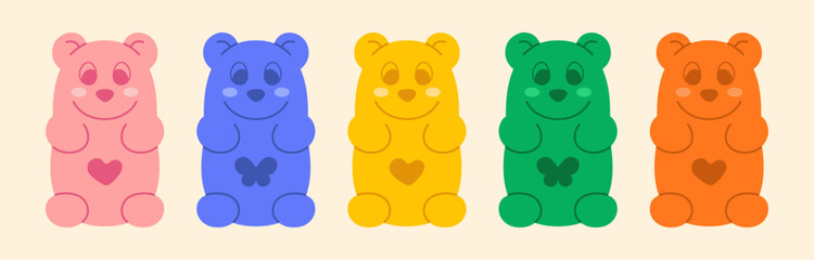 Set of simple cartoon gummy bear icons in pastel rainbow colors. Kawaii teddy character, jelly candies with heart, butterfly symbols. Vector illustration 2000s