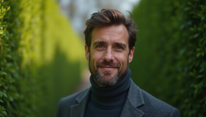 A businessman in casual clothes standing alone in a green hedge maze 