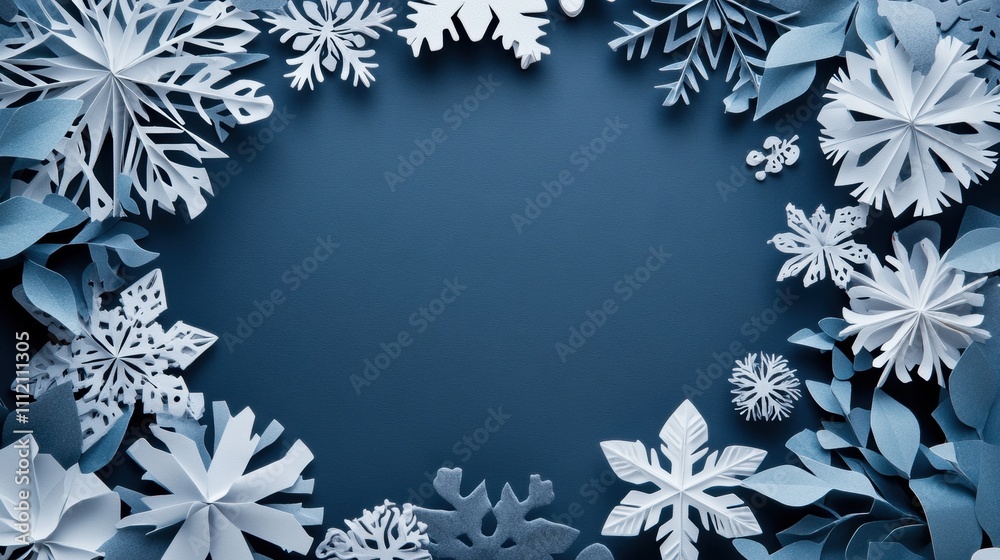 Leinwandbilder Delicate handcrafted paper snowflakes made from various patterns surround a blank space, perfect for writing festive greetings or notes. Generative AI
