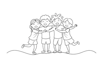 Group of children friends enjoy together while hugging Continuous line art flat vector illustration