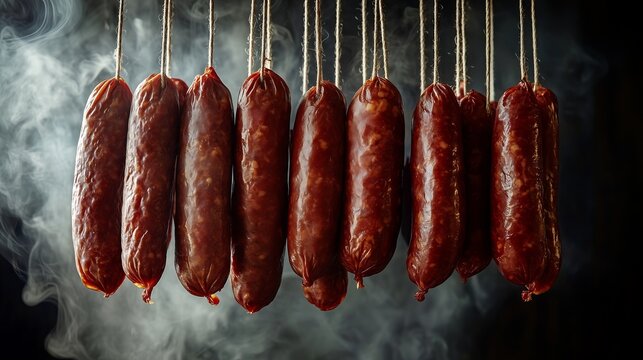 Smoked sausages hanging in a smokehouse, curing and drying process
