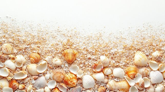 Sand and sea shells beach theme background isolated on white bg
