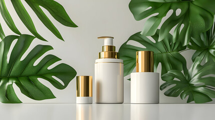 3D Render of White Cosmetic Bottles with Gold Accents and Tropical Leaves