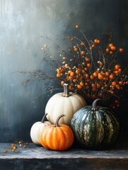 A Rustic Still Life Featuring Varied Pumpkins and Autumn Foliage Against a Subtle Background, Perfect for Celebrating Fall and Harvest Themes