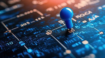 A vibrant blue push pin marks a point on a complex digital circuit board, symbolizing the connection and flow of data in a network. The image evokes a sense of technological intricacy and precision.