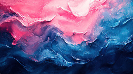 Colorful abstract painting depicting swirling pink and blue waves on a textured canvas background....