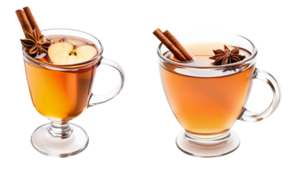 Spiced apple cider with cinnamon stick, isolated photo PNG set, collection