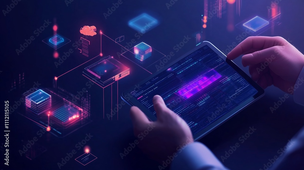 Poster hands interacting with a digital tablet showcasing advanced data visualization in a futuristic setti