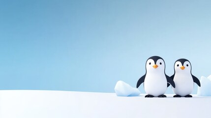 Obraz premium Two adorable penguins stand on a snowy landscape with ice chunks, against a serene blue sky