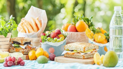 Obraz premium Zero-waste picnic setup with sandwiches in beeswax wraps, fresh fruits in cloth bags, and reusable water bottles