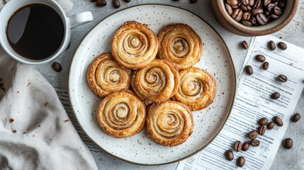 Fototapeta premium Delicious Swirled Cinnamon Pastries Served with Coffee and Beans