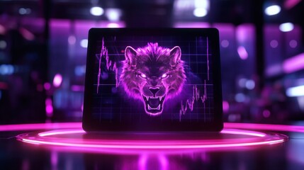 Fototapeta premium Tablet displaying a neon purple graphic of a snarling wolf's head superimposed on a financial chart with a futuristic, neon-lit background